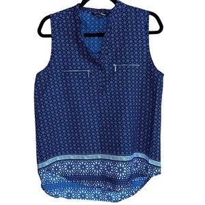 Time To Bloom Navy Sleeveless Blouse Small Ditsy Floral Print Faux Zip Pockets